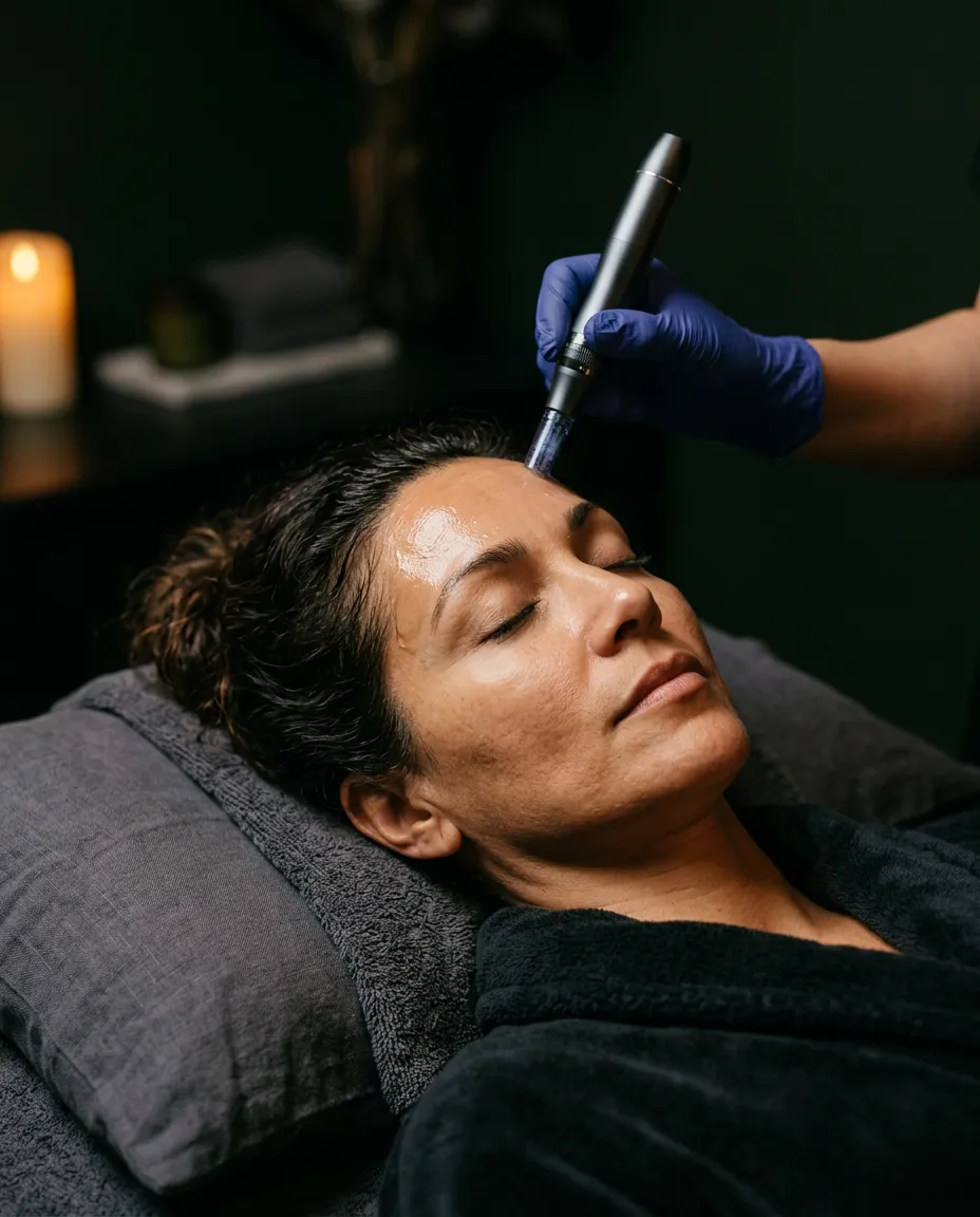 A skin needling pen gliding across the forehead of a woman with her eyes closed